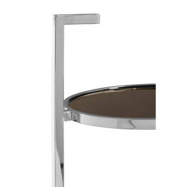 Black Marble Shelf Two Tier Round End Table With Silver Stainless Steel Base, Piermount