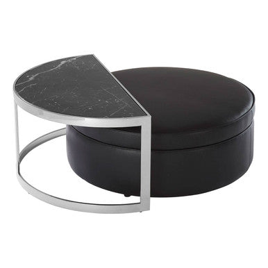 Black Marble Top Nesting Coffee Table With Silver Frame & Black Leather Stool Set, Piermount