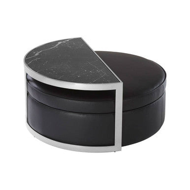Black Marble Top Nesting Coffee Table With Silver Frame & Black Leather Stool Set, Piermount