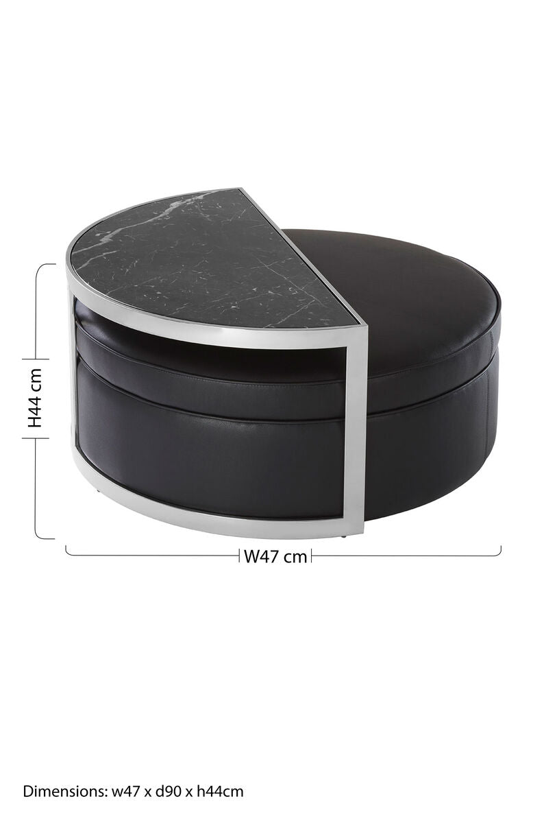 Black Marble Top Nesting Coffee Table With Silver Frame & Black Leather Stool Set, Piermount