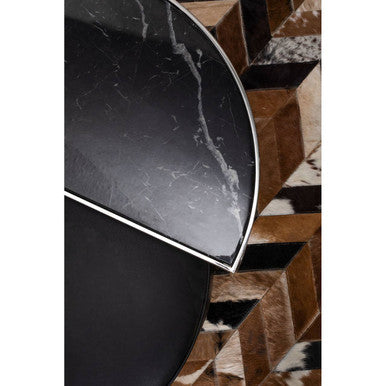 Black Marble Top Nesting Coffee Table With Silver Frame & Black Leather Stool Set, Piermount