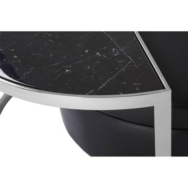 Black Marble Top Nesting Coffee Table With Silver Frame & Black Leather Stool Set, Piermount