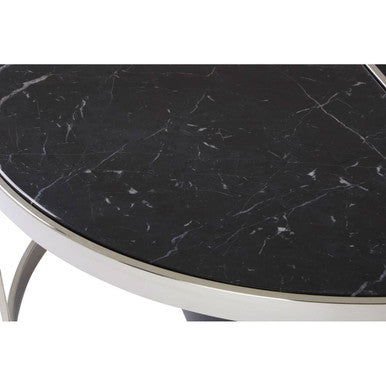 Black Marble Top Nesting Coffee Table With Silver Frame & Black Leather Stool Set, Piermount