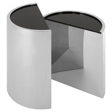 Set Of 2 Semicircular Black Glass Top End Tables With Silver Steel Frame, Piermount