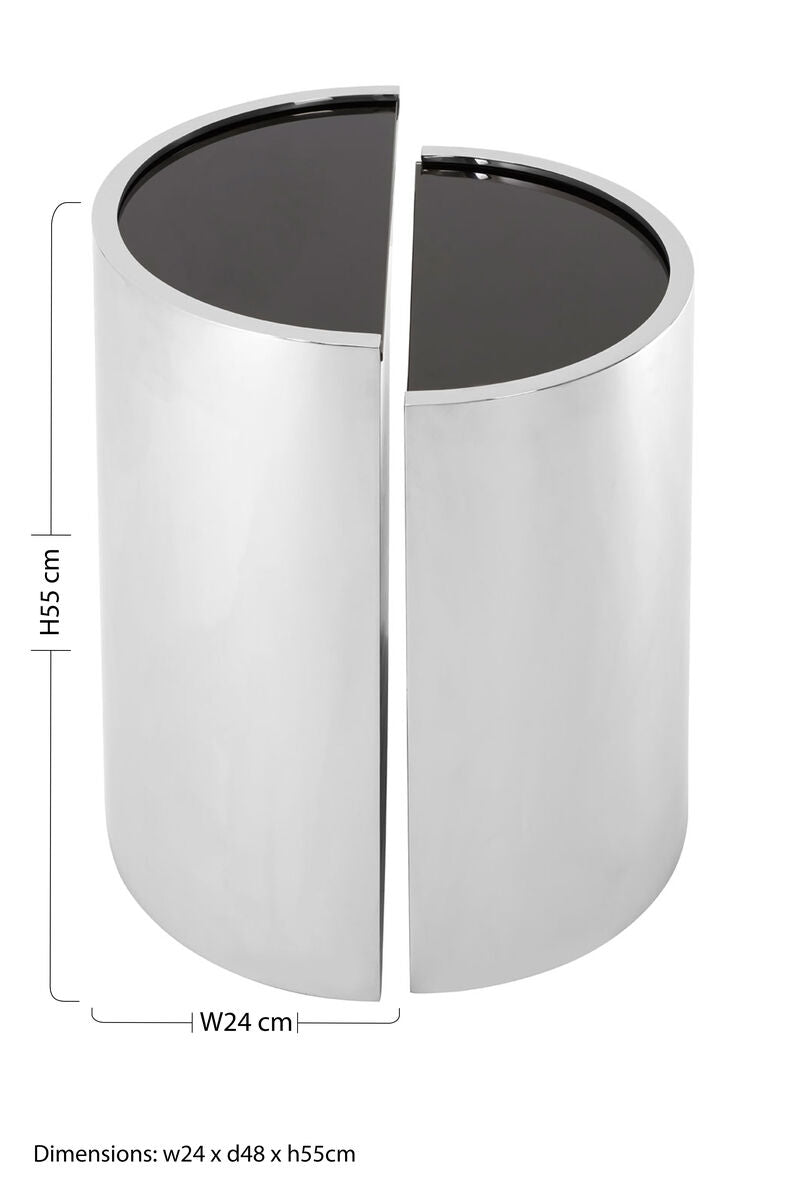 Set Of 2 Semicircular Black Glass Top End Tables With Silver Steel Frame, Piermount