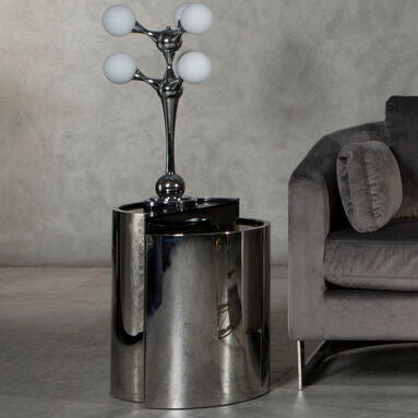 Set Of 2 Semicircular Black Glass Top End Tables With Silver Steel Frame, Piermount