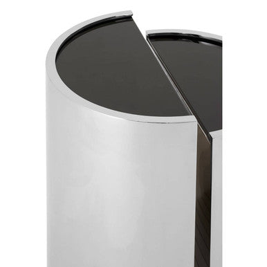 Set Of 2 Semicircular Black Glass Top End Tables With Silver Steel Frame, Piermount