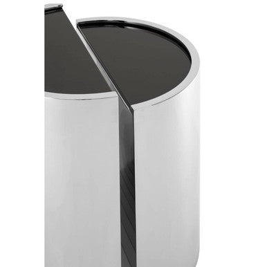 Set Of 2 Semicircular Black Glass Top End Tables With Silver Steel Frame, Piermount