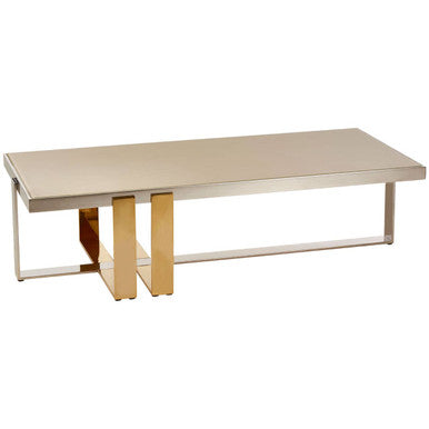 Rectangular Frosted Glass Top Coffee Table With Polished Stainless Steel Base & Warm Gold Legs, Demas