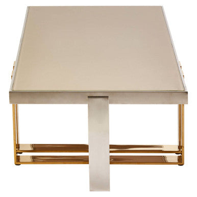 Rectangular Frosted Glass Top Coffee Table With Polished Stainless Steel Base & Warm Gold Legs, Demas