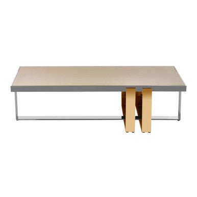 Rectangular Frosted Glass Top Coffee Table With Polished Stainless Steel Base & Warm Gold Legs, Demas