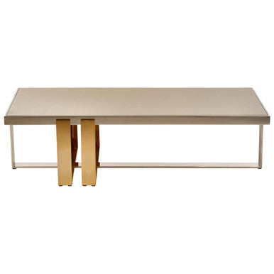 Rectangular Frosted Glass Top Coffee Table With Polished Stainless Steel Base & Warm Gold Legs, Demas