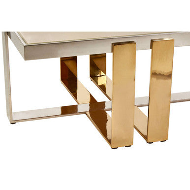 Rectangular Frosted Glass Top Coffee Table With Polished Stainless Steel Base & Warm Gold Legs, Demas