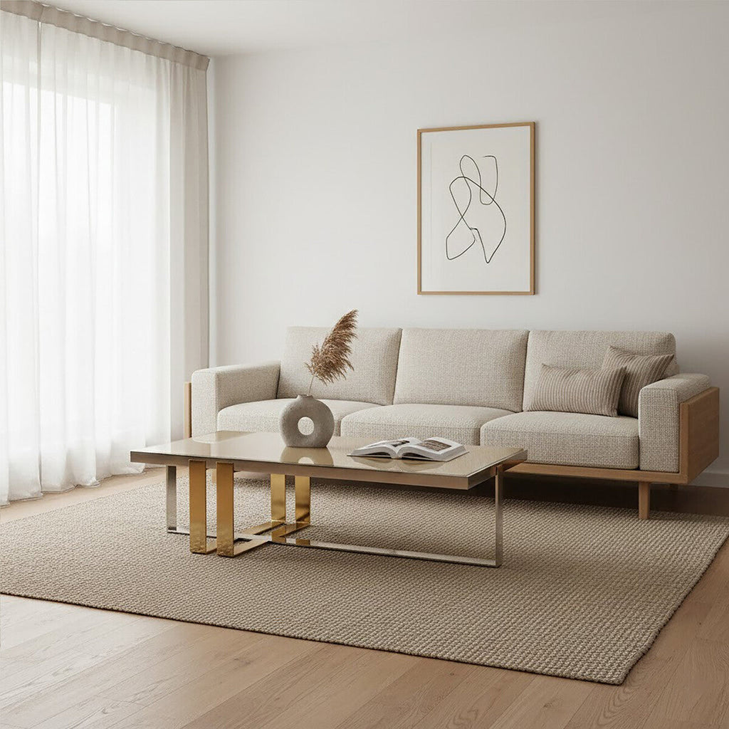 Rectangular Frosted Glass Top Coffee Table With Polished Stainless Steel Base & Warm Gold Legs, Demas