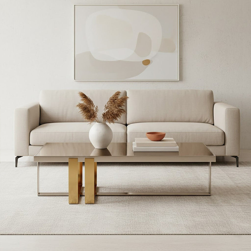 Rectangular Frosted Glass Top Coffee Table With Polished Stainless Steel Base & Warm Gold Legs, Demas