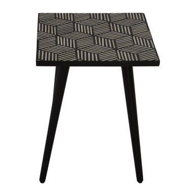 Black & White Top Bone Inlay Side Table With 4 Angular Legs, Boho