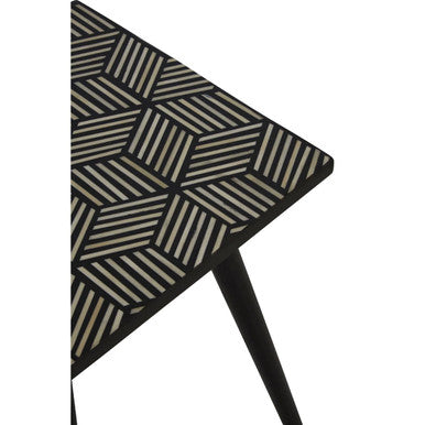 Black & White Top Bone Inlay Side Table With 4 Angular Legs, Boho