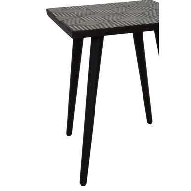 Black & White Top Bone Inlay Side Table With 4 Angular Legs, Boho
