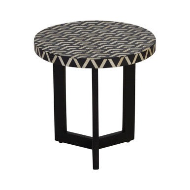 Black & White Top Bone Inlay Side Table With Black 3 Cross-Leg Base, Boho