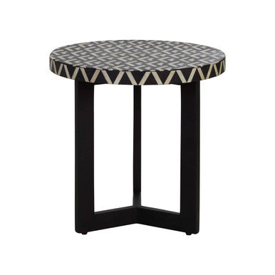 Black & White Top Bone Inlay Side Table With Black 3 Cross-Leg Base, Boho