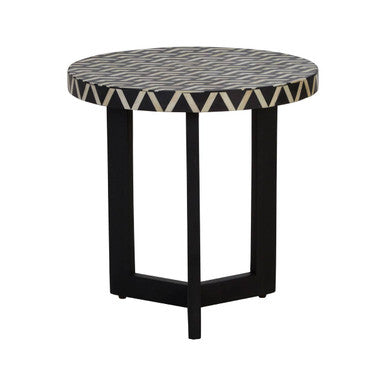 Black & White Top Bone Inlay Side Table With Black 3 Cross-Leg Base, Boho