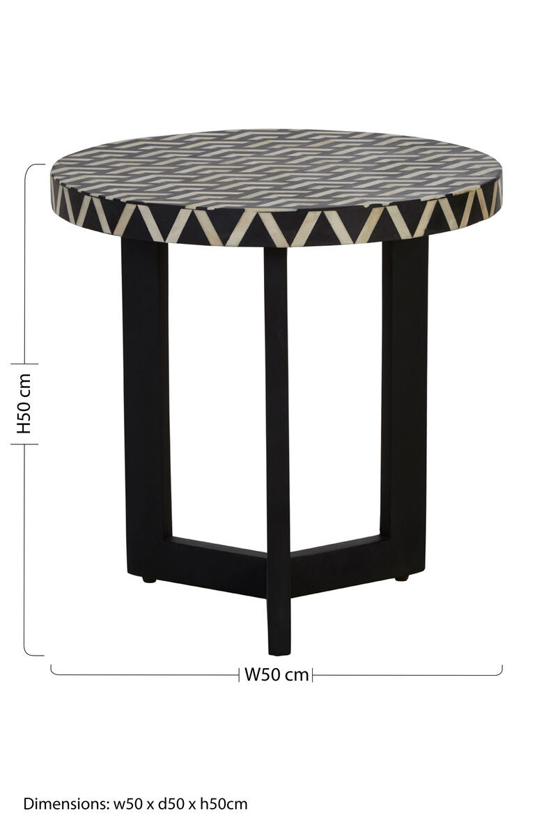 Black & White Top Bone Inlay Side Table With Black 3 Cross-Leg Base, Boho