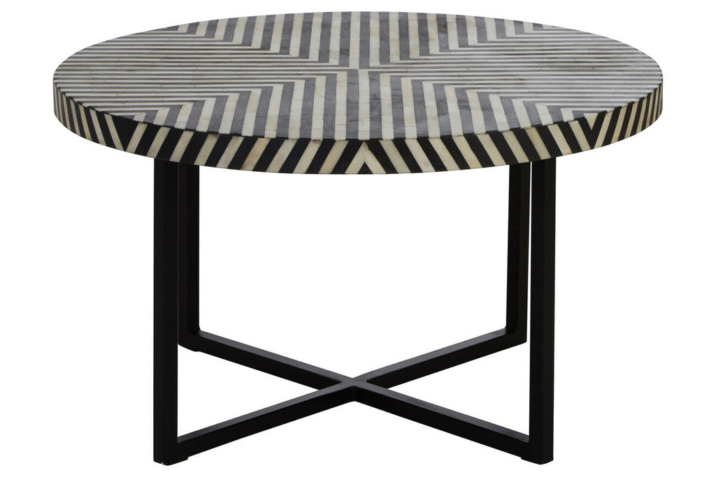 Black & White Top Bone Inlay Coffee Table With Black Metal Legs, Boho
