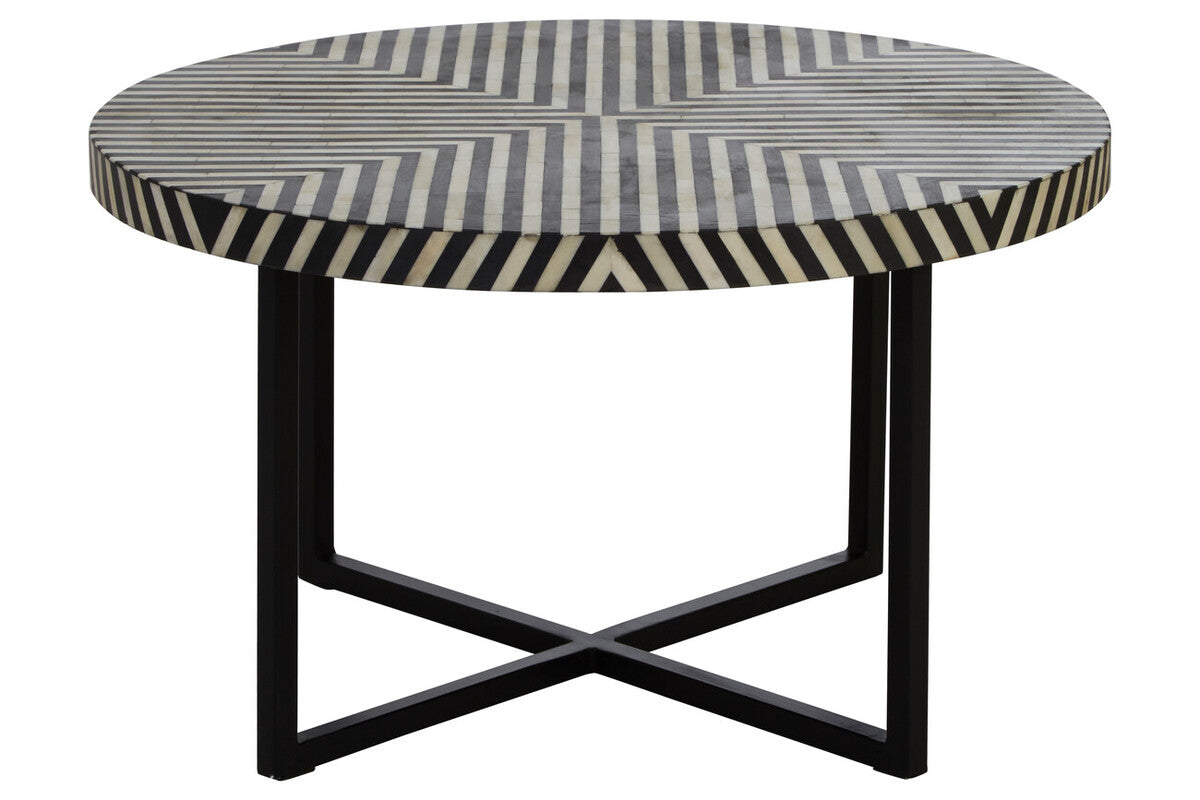 Black & White Top Bone Inlay Coffee Table With Black Metal Legs, Boho