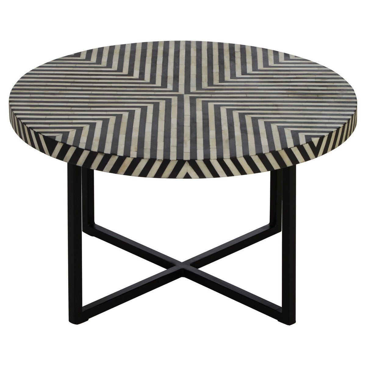Black & White Top Bone Inlay Coffee Table With Black Metal Legs, Boho