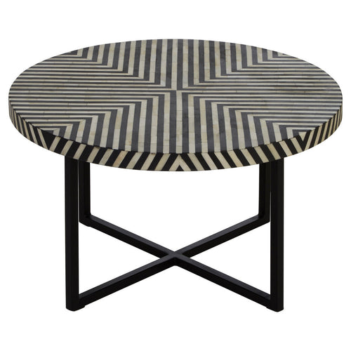 Black & White Top Bone Inlay Coffee Table With Black Metal Legs, Boho