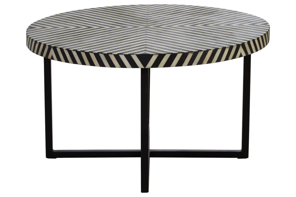 Black & White Top Bone Inlay Coffee Table With Black Metal Legs, Boho