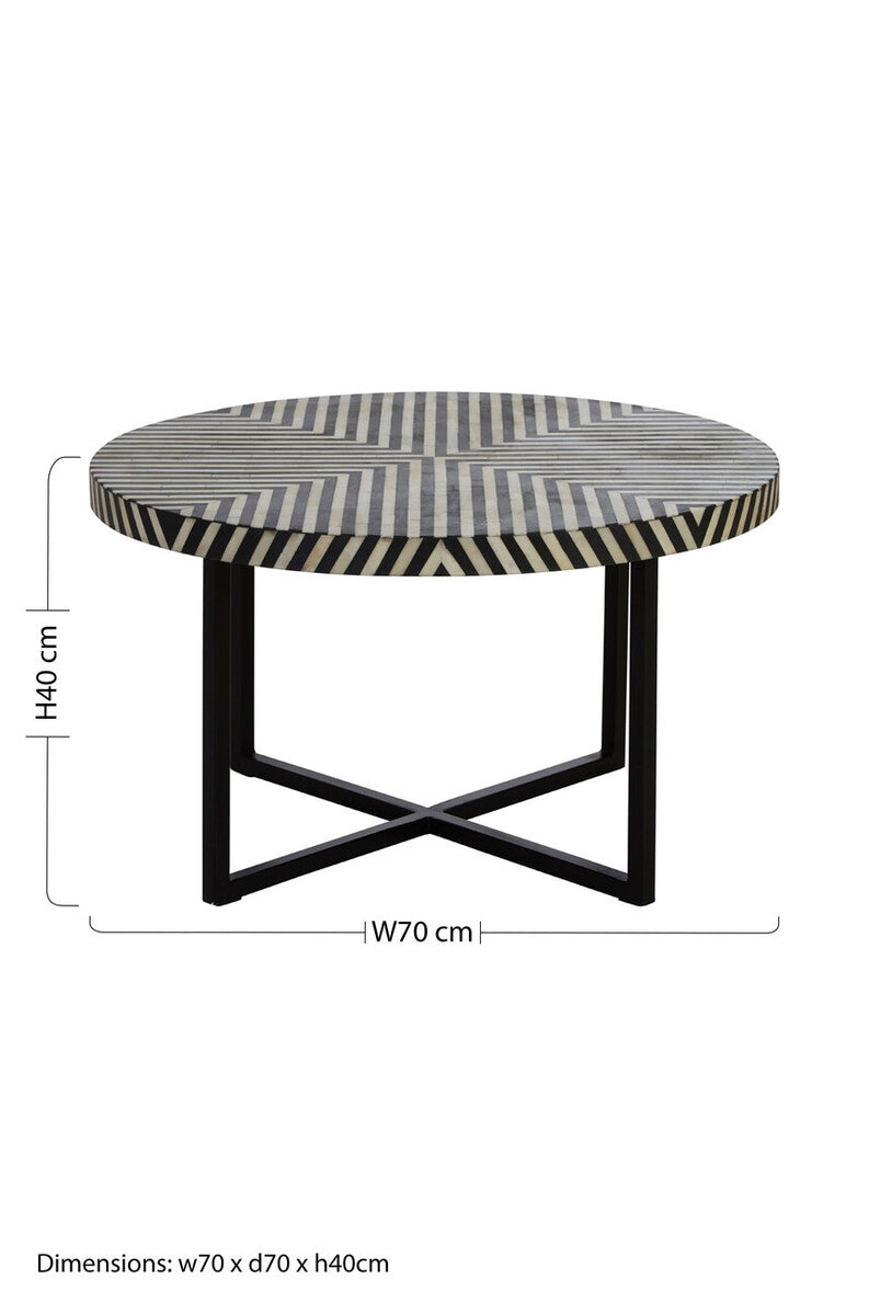 Black & White Top Bone Inlay Coffee Table With Black Metal Legs, Boho
