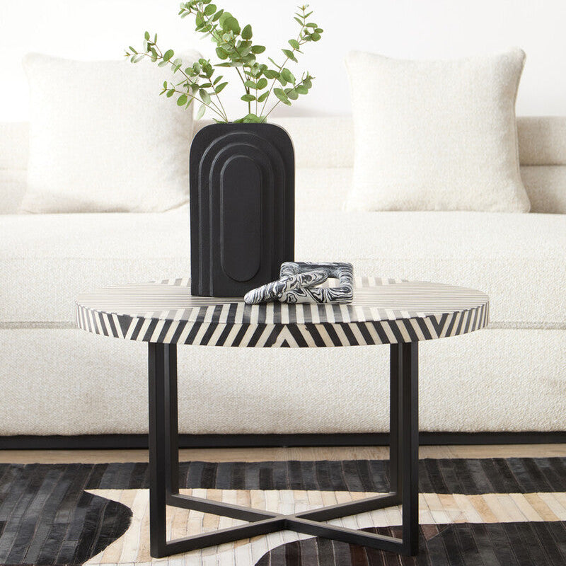 Black & White Top Bone Inlay Coffee Table With Black Metal Legs, Boho