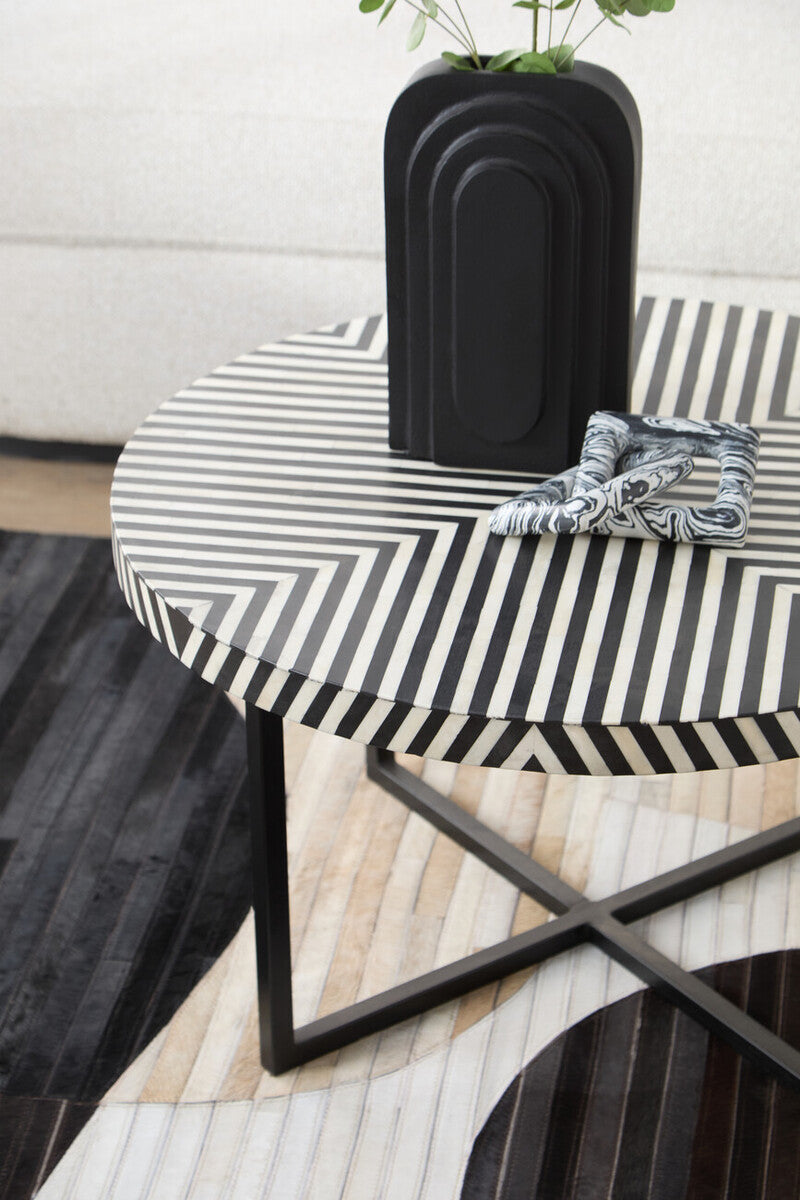 Black & White Top Bone Inlay Coffee Table With Black Metal Legs, Boho