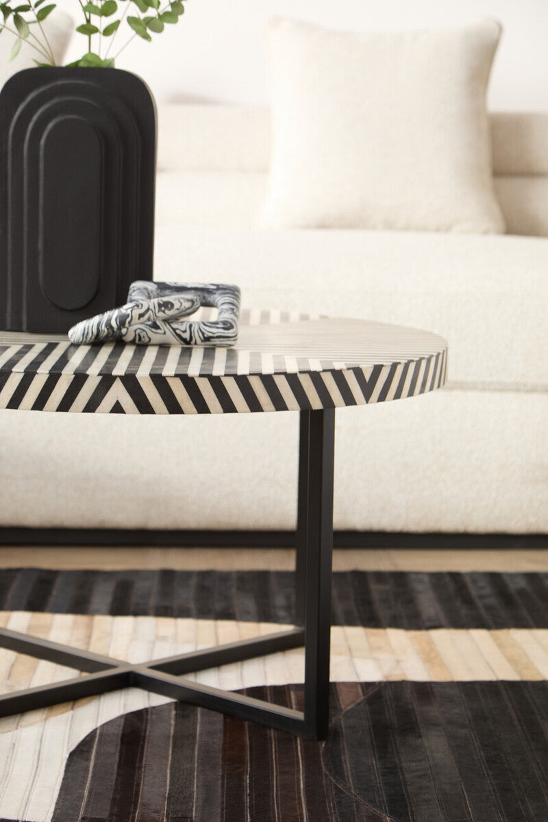 Black & White Top Bone Inlay Coffee Table With Black Metal Legs, Boho