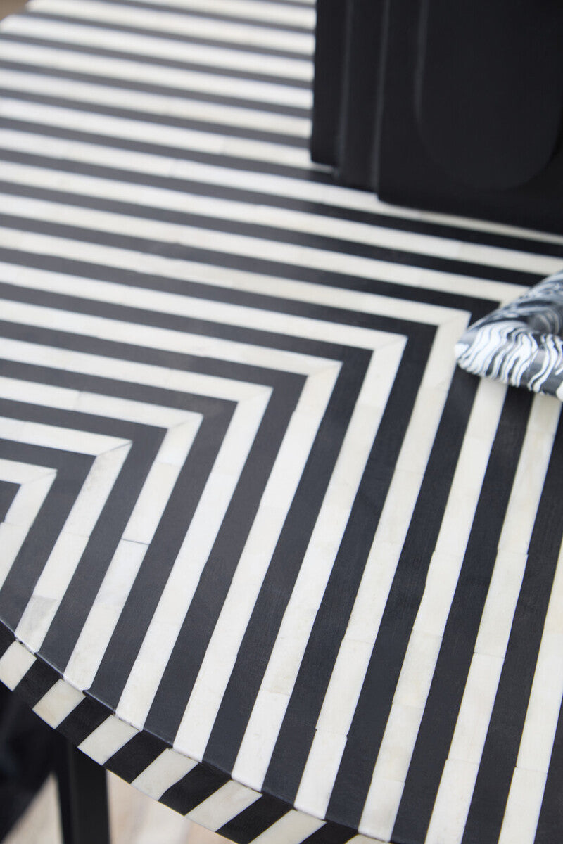Black & White Top Bone Inlay Coffee Table With Black Metal Legs, Boho