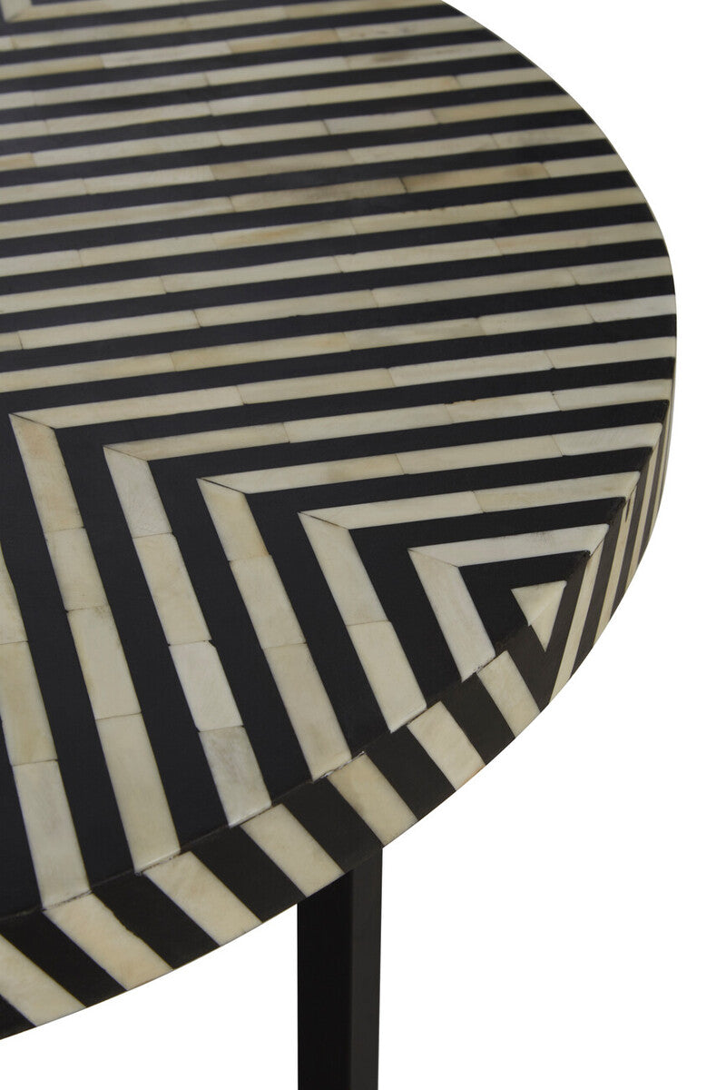 Black & White Top Bone Inlay Coffee Table With Black Metal Legs, Boho