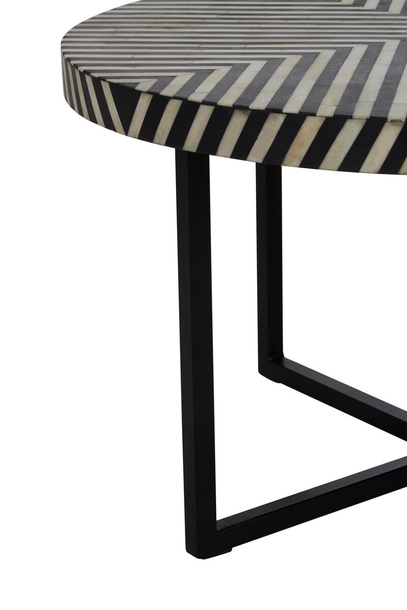 Black & White Top Bone Inlay Coffee Table With Black Metal Legs, Boho