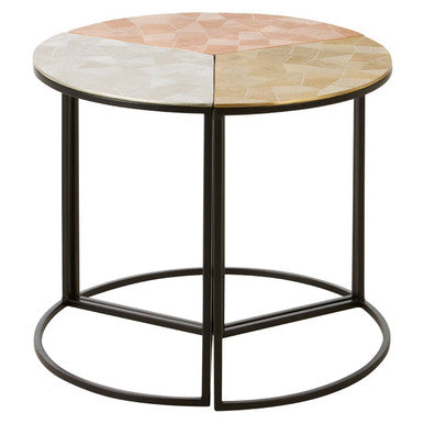 Set Of 3 Assorted Etched Geometric Details Round Top Side Tables With Black Metal Base, Mirano