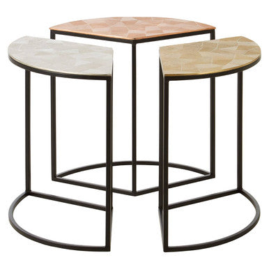 Set Of 3 Assorted Etched Geometric Details Round Top Side Tables With Black Metal Base, Mirano