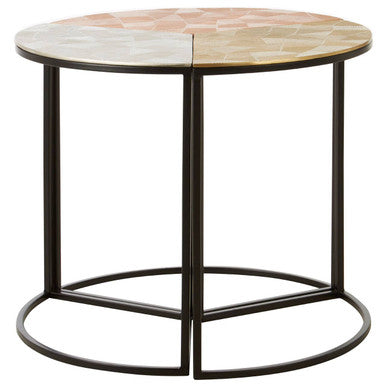 Set Of 3 Assorted Etched Geometric Details Round Top Side Tables With Black Metal Base, Mirano