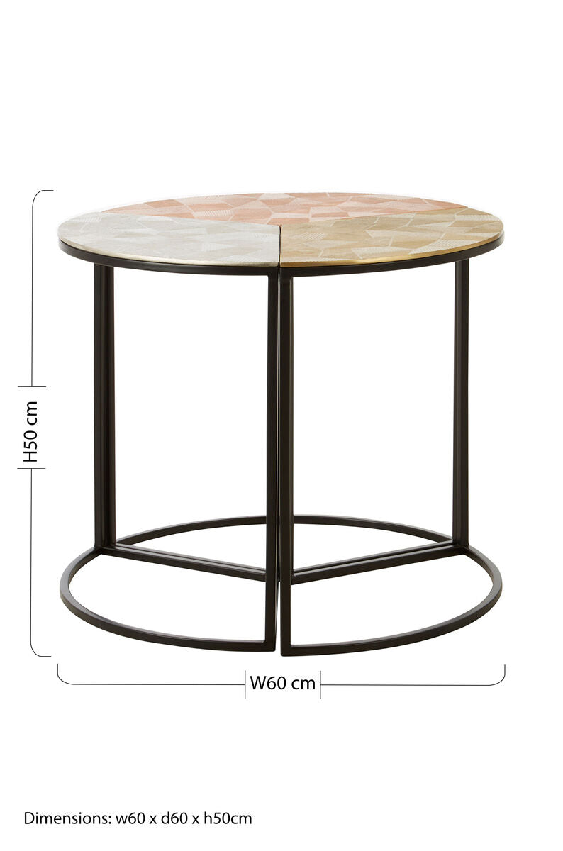 Set Of 3 Assorted Etched Geometric Details Round Top Side Tables With Black Metal Base, Mirano