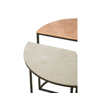 Set Of 3 Assorted Etched Geometric Details Round Top Side Tables With Black Metal Base, Mirano