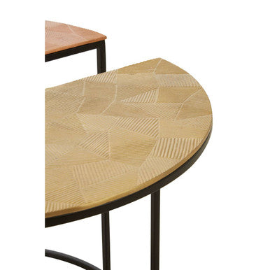 Set Of 3 Assorted Etched Geometric Details Round Top Side Tables With Black Metal Base, Mirano