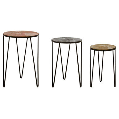 Set Of 3 Assorted Textured Round Top Side Tables With Black Metal Hairpin Legs, Mirano