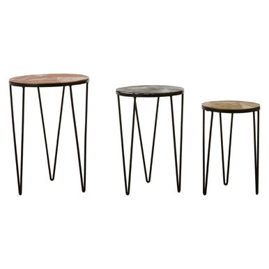 Set Of 3 Assorted Textured Round Top Side Tables With Black Metal Hairpin Legs, Mirano