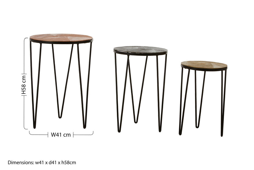 Set Of 3 Assorted Textured Round Top Side Tables With Black Metal Hairpin Legs, Mirano