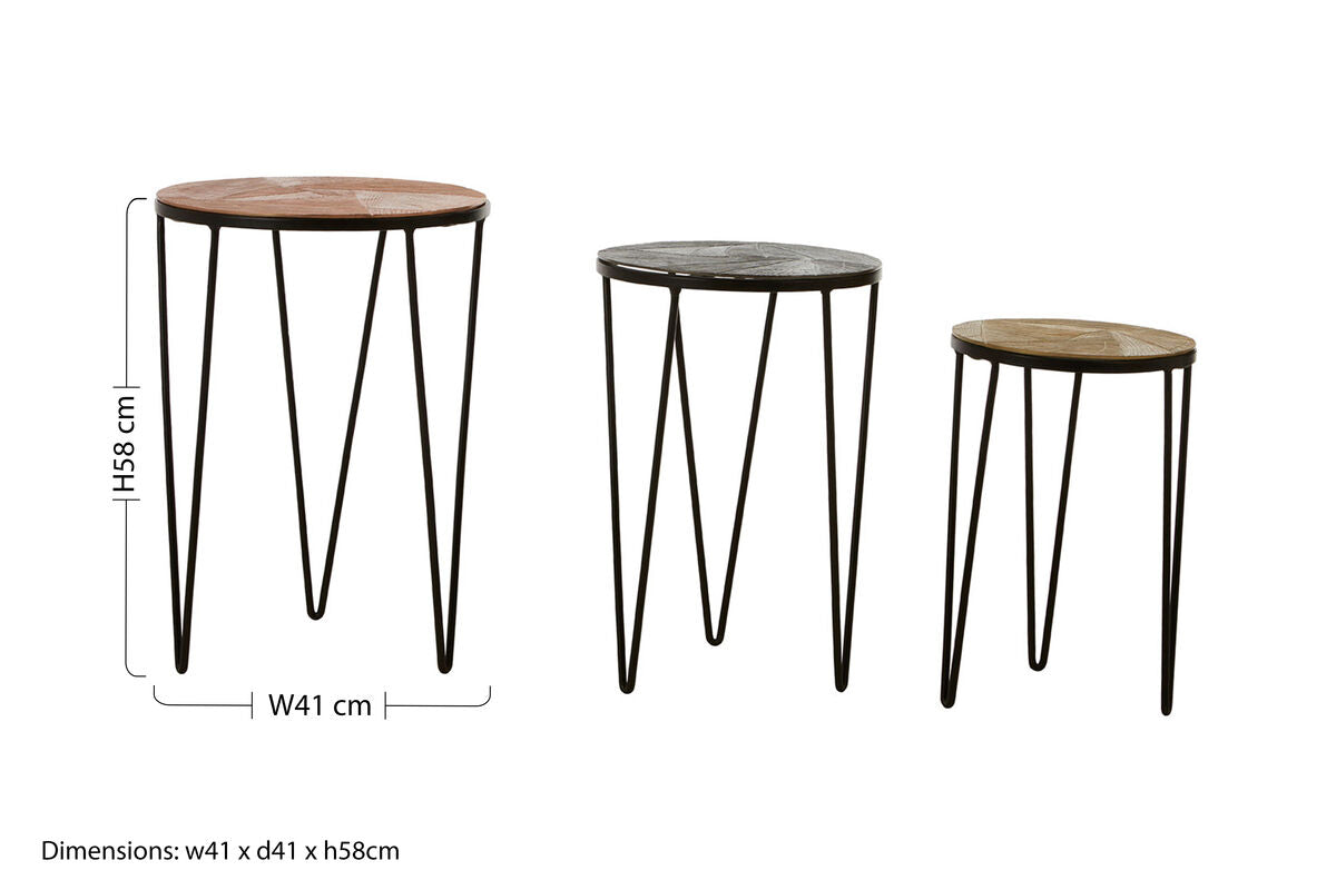 Set Of 3 Assorted Textured Round Top Side Tables With Black Metal Hairpin Legs, Mirano
