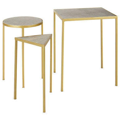 Grey Marble Top & Antique Brass Set Of 3 Nesting Tables, Rabia
