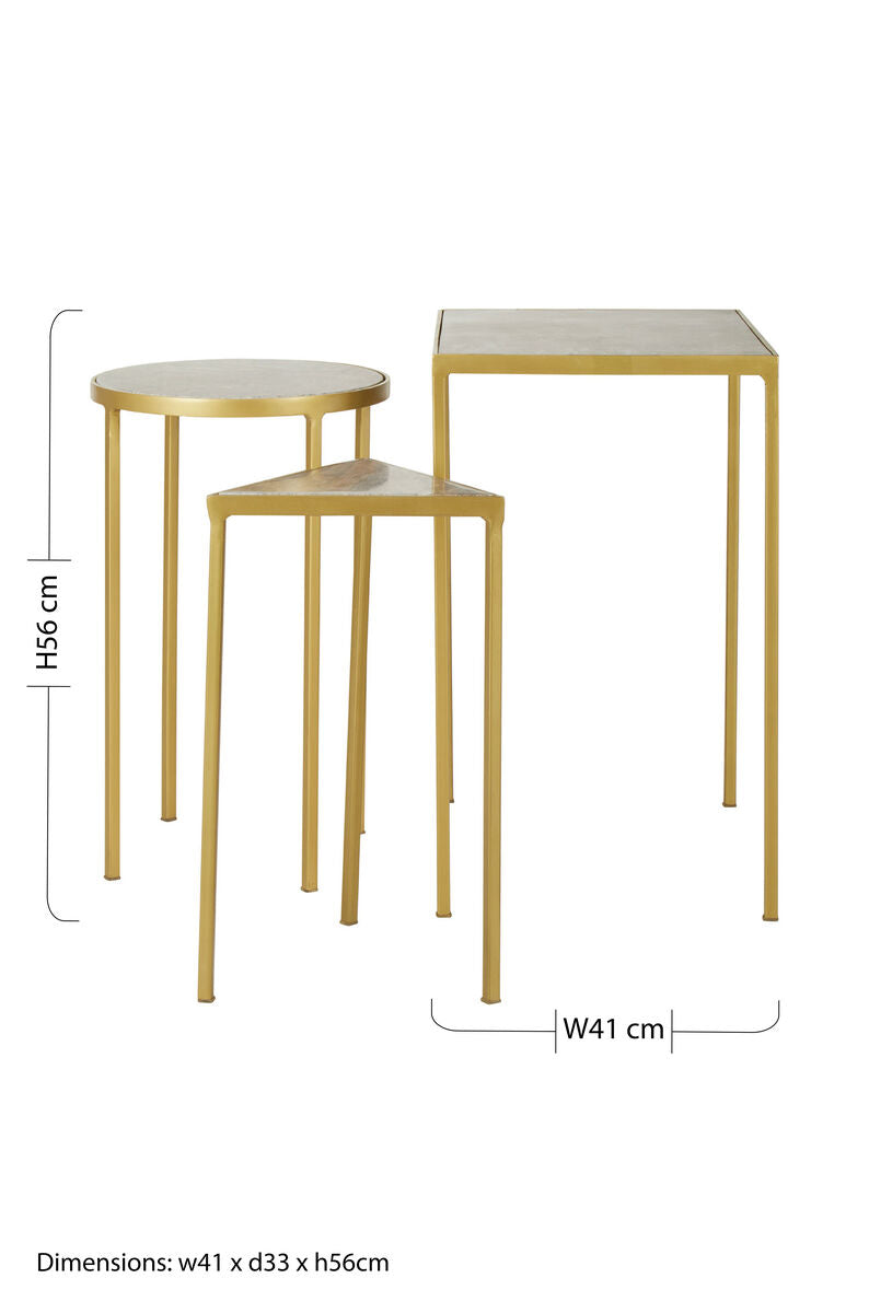 Grey Marble Top & Antique Brass Set Of 3 Nesting Tables, Rabia